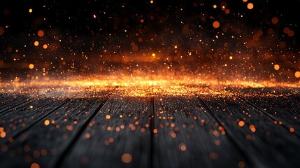 Poster - Fiery embers glow on dark wooden planks, sparks fly, night scene, product display