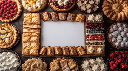 Wall Mural - Assorted delicious pastries and desserts arranged artfully on a wooden table for a festive gathering