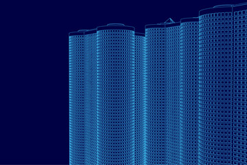 Poster - A blue image of a building with a blue background. The building is made up of many lines