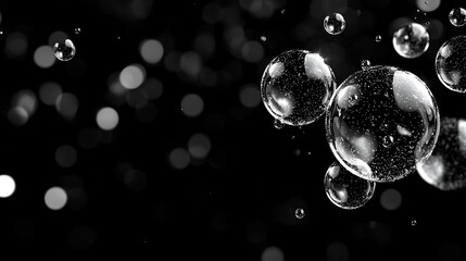 Poster - Floating water bubbles, dark background, bokeh, liquid, cosmetic ad