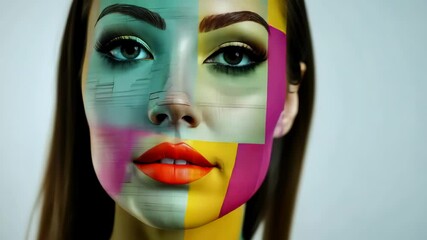 Poster - Woman's face is shown in a colorful, abstract style. The colors are bright and vibrant, and the woman's features are exaggerated and stylized. Scene is playful and artistic