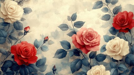 Wall Mural - Beautiful arrangement of red, pink, and white roses on a soft, textured background with leaves