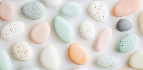 Aufkleber - Pastel-toned pebbles are intricately arranged on a light surface, creating a soothing and elegant visual display