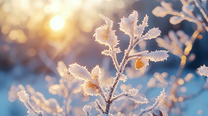Poster - Frosty branch sunrise winter forest background