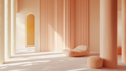 Poster - Soft peach hues envelop the spacious living area, where light filters through arched windows, creating a warm and inviting sanctuary. Textured pillars enhance the serene vibe
