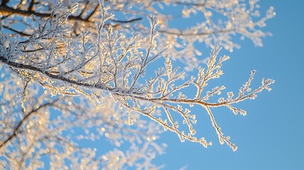 Poster - Frosty branches, winter sunlight, blue sky, nature scene, website banner