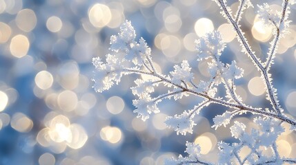 Canvas Print - Frosty winter branch, bokeh background, nature scene, holiday card