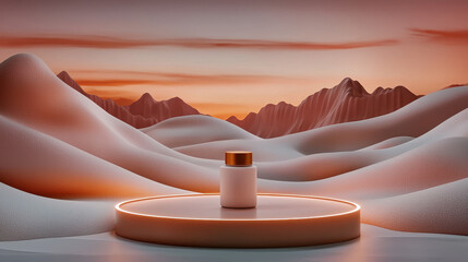 Poster - round display stand featuring product in serene desert landscape at sunset