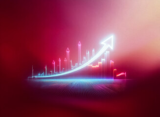Poster - Neon cityscape skyline graph depicting upward trend, signifying growth and progress.  Bright, glowing lines and arrow create dynamic visual.