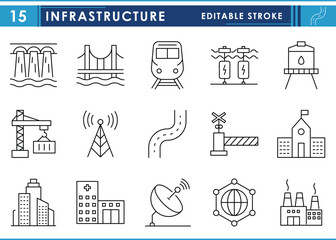 Poster - A set of line icons related to Infrastructure. Hospital, bridge, buildings, communication, industry, water, business, and so on. Vector editable stroke.