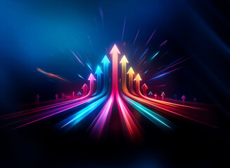Aufkleber - Multiple neon arrows pointing upwards against a dark background with lines of light extending outwards.