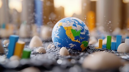 Poster - a vibrant globe rests on a textured surface, surrounded by colorful bars, representing data and grow