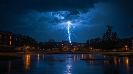 Aufkleber - Bright bursts of intense lightning crack through dark storm clouds, casting a blue hue over the quiet neighborhood
