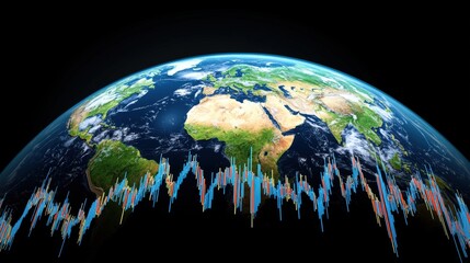 Poster - A vibrant view of Earth from space, showcasing continents and a colorful wave pattern symbolizing data and global connectivity.