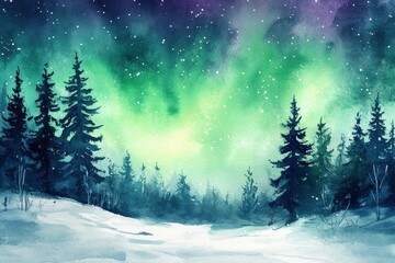 Aufkleber - Stunning aurora borealis lights up a snowy landscape under a starry sky in winter. Generative AI
