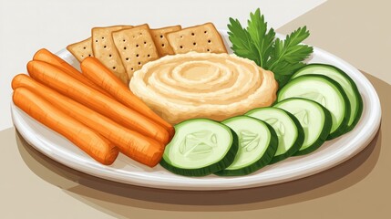 Wall Mural - Delicious and Healthy Snack Plate with Hummus, Crackers and Vegetables