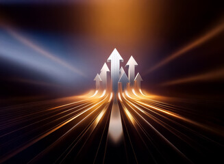 Aufkleber - Silver arrows point upward on a dark background with bright golden lines converging in the distance.