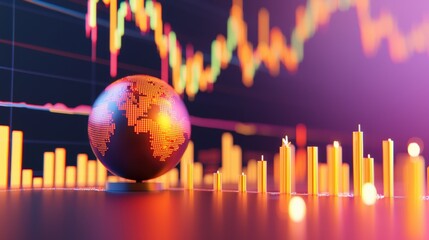 Poster - A vibrant globe sits before colorful financial graphs, symbolizing global trade and market trends in a digital economy.