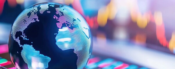 Poster - a digital globe reflecting economic data and trends, symbolizing global connectivity and market anal