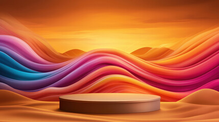 Poster - round podium in vibrant desert landscape at sunset, showcasing colorful waves of orange, pink, and blue