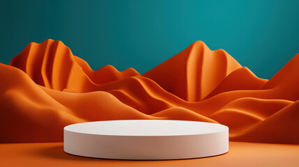 Poster - round podium set against dramatic orange mountains and teal background, creating striking visual contrast