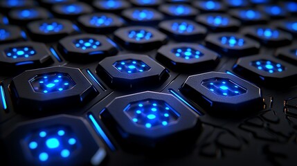Poster - Glowing blue hexagons on dark tech surface, futuristic background, digital wallpaper