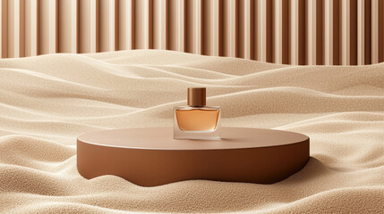 Poster - round podium with perfume bottle on soft sand, creating warm ambiance