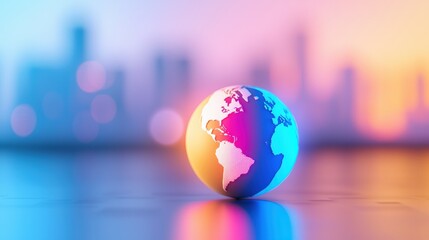 Poster - A vibrant globe stands in the foreground, with a city skyline blurred in the background, reflecting themes of connectivity and global unity.