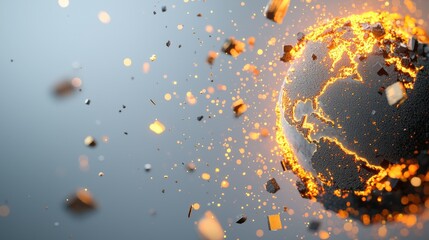 Poster - a glowing, fragmented planet is surrounded by dynamic particles, creating a vibrant and energetic vi
