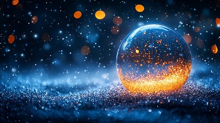 Poster - Glowing orb on snowy ground, night scene, bokeh background, holiday banner