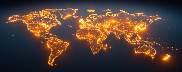 Poster - A glowing world map showcases illuminated cities and regions, representing global connectivity and urban development.