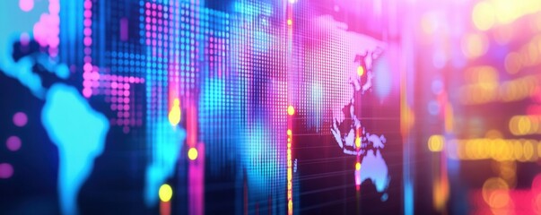 Poster - a vibrant digital world map with colorful data visualizations, representing global connectivity and 