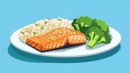 Wall Mural - Healthy Salmon Meal with Broccoli and Rice on a Light Blue Background