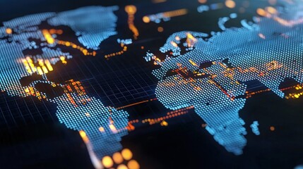 Poster - A vibrant digital map of the world showcasing interconnected networks and glowing data points, representing global communication and technology.