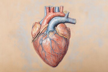 Poster - Detailed anatomical illustration of a human heart showing arteries and veins in vibrant colors against a neutral background. Generative AI