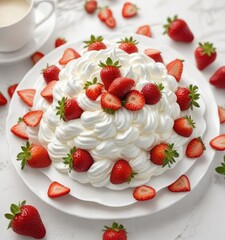 Wall Mural - Colorful strawberry and whipped cream arrangement on a white plate, colorful, arrangement