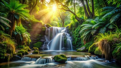Wall Mural - Long exposure reveals a serene forest waterfall's cascading beauty amidst vibrant nature.