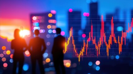 Poster - A vibrant cityscape at sunset with silhouettes of three individuals observing a digital graph, symbolizing growth and analysis in a business context.