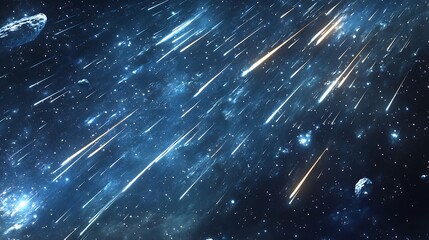 Meteor shower in a dark blue starry night sky view