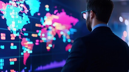 Poster - a professional analyzing vibrant data visualizations on a digital world map, showcasing global trend