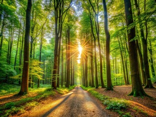 Wall Mural - Mystical forest bathed in sunbeams; rule of thirds composition captures enchanting nature photography.