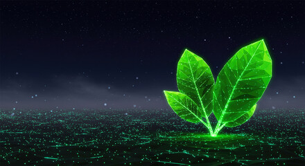 Poster - Futuristic abstract natural landscape at night banner with glowing low polygonal green leaves