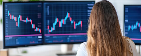 Poster - A person analyzes financial data displayed on multiple monitors, focusing on stock market trends and charts.