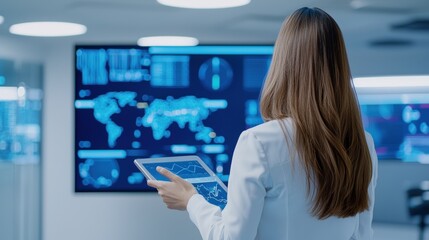 Poster - A professional in a lab coat analyzes data on a large screen while holding a tablet in a high-tech environment.