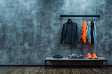 Aufkleber - Sporty clothing display in a modern indoor setting featuring various athletic wear and shoes. Generative AI