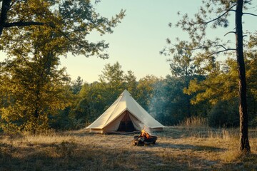 Poster - Camping at a serene location with a tent in the woods and a campfire at dusk. Generative AI