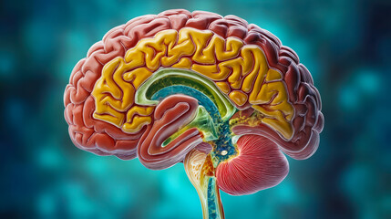 Poster - Colorful 3D Illustration of Human Brain Cross Section Showing Detailed Anatomy and Neural Pathways
