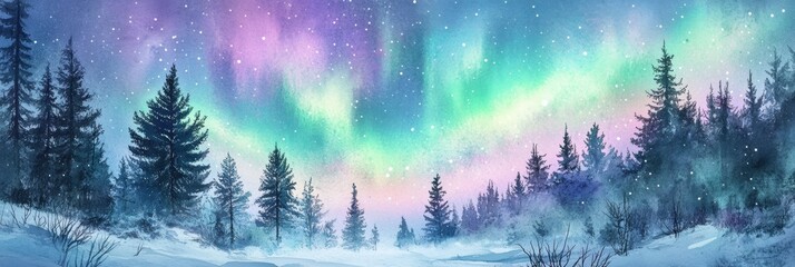 Leinwandbilder - Colorful aurora borealis illuminates snowy forest landscape at twilight in winter. Generative AI