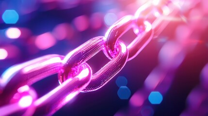 Wall Mural - A vibrant, close-up view of a metallic chain with a colorful bokeh background, showcasing a blend of purple and blue hues.