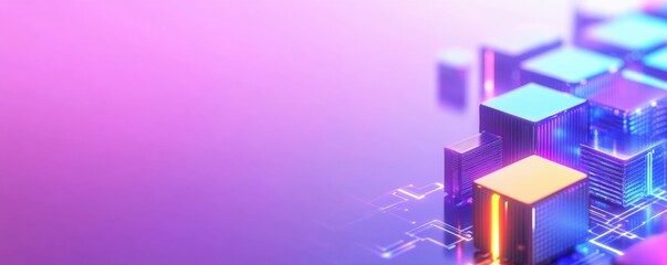 Poster - A vibrant digital landscape of glowing cubes with a gradient background, symbolizing technology and innovation.
